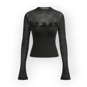 Commense Black Floral Appliqué Knit Top L Sheer Mohair Blend Romantic Indie